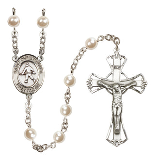 Silver Plated 6mm Faux Pearl Saint Christopher / Field Hockey Rosary