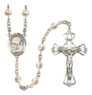 Silver Plated 6mm Faux Pearl Saint Christopher / Fishing Rosary