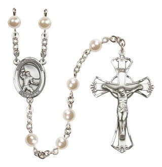 Silver Plated 6mm Faux Pearl Saint Christopher / Football Rosary