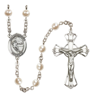 Silver Plated 6mm Faux Pearl Saint Christopher/Hockey Rosary