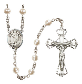 Silver Plated 6mm Faux Pearl Saint Sebastian/Lacrosse Rosary