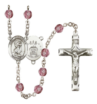 Silver Plated 6mm Fire Polished Saint Christopher / Air Force Rosary in Amethyst