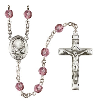 Silver Plated 6mm Fire Polished Holy Spirit Rosary in Amethyst