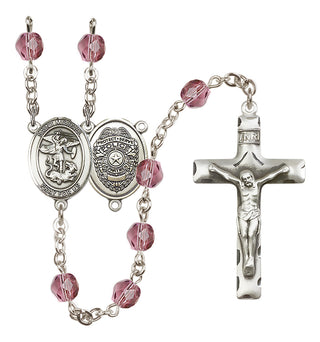 Silver Plated 6mm Fire Polished Saint Michael the Archangel/Policeman Rosary in Amethyst