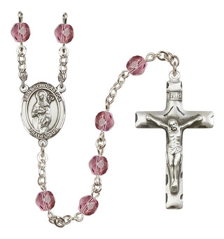 Silver Plated 6mm Fire Polished Saint Scholastica Rosary in Amethyst