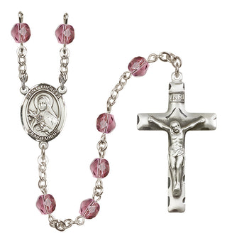 Silver Plated 6mm Fire Polished Saint Theresa Rosary in Amethyst