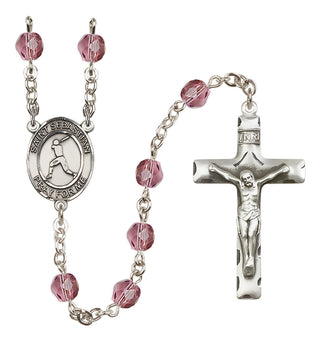 Silver Plated 6mm Fire Polished Saint Sebastian/Baseball Rosary in Amethyst