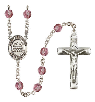 Silver Plated 6mm Fire Polished Saint Sebastian/Swimming Rosary in Amethyst