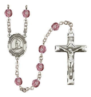 Silver Plated 6mm Fire Polished Saint Sebastian/Skiing Rosary in Amethyst