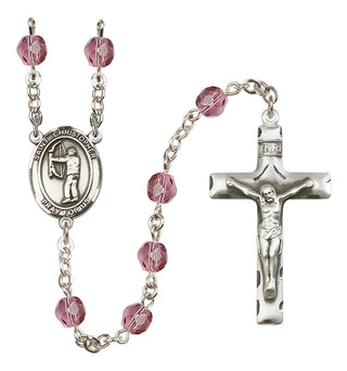 Silver Plated 6mm Fire Polished Saint Christopher/Archery Rosary in Amethyst