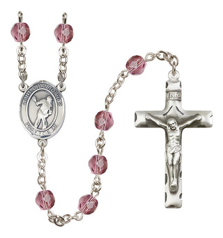 Silver Plated 6mm Fire Polished Saint Christopher/Lacrosse Rosary in Amethyst