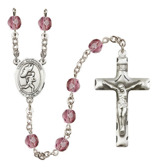 Silver Plated 6mm Fire Polished Saint Sebastian /Track&Field-Men Rosary in Amethyst