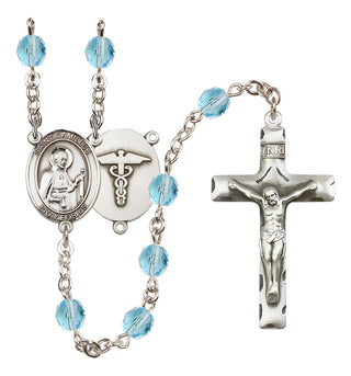 Silver Plated 6mm Fire Polished Saint Camillus of Lellis / Nurse Rosary in Aqua