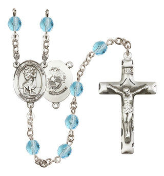 Silver Plated 6mm Fire Polished Saint Christopher / Marines Rosary in Aqua