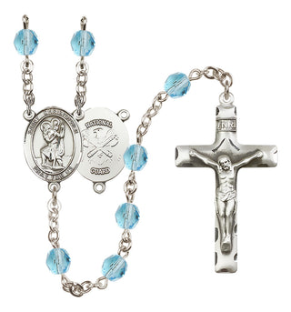 Silver Plated 6mm Fire Polished Saint Christopher / Nat'l Guard Rosary in Aqua