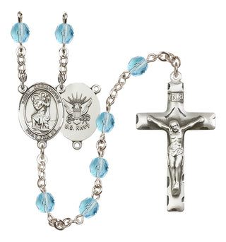 Silver Plated 6mm Fire Polished Saint Christopher / Navy Rosary in Aqua