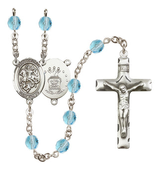 Silver Plated 6mm Fire Polished Saint George / Air Force Rosary in Aqua