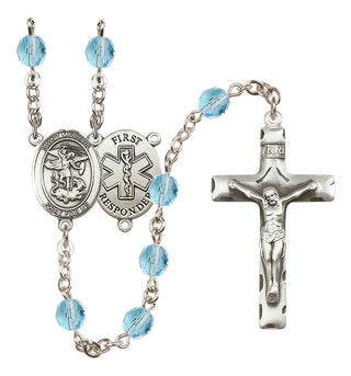 Silver Plated 6mm Fire Polished Saint Michael/1St Responder Rosary in Aqua