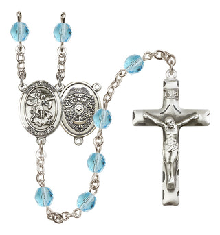Silver Plated 6mm Fire Polished Saint Michael the Archangel/Policeman Rosary in Aqua