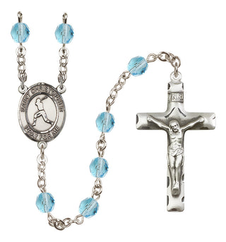 Silver Plated 6mm Fire Polished Saint Christopher/Baseball Rosary in Aqua