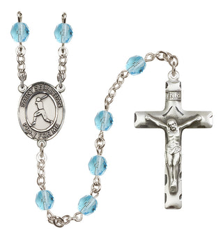 Silver Plated 6mm Fire Polished Saint Sebastian/Baseball Rosary in Aqua