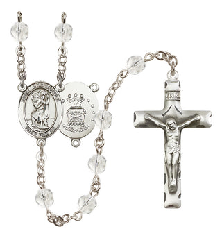 Silver Plated 6mm Fire Polished Saint Christopher / Air Force Rosary in Crystal