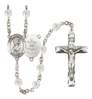 Silver Plated 6mm Fire Polished Saint Christopher / Army Rosary in Crystal