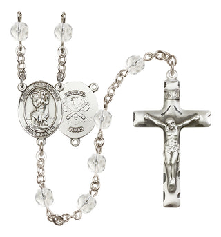 Silver Plated 6mm Fire Polished Saint Christopher / Nat'l Guard Rosary in Crystal