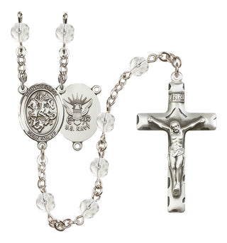 Silver Plated 6mm Fire Polished Saint George / Navy Rosary in Crystal