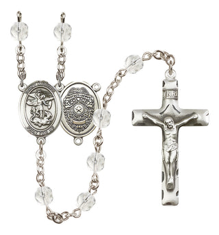 Silver Plated 6mm Fire Polished Saint Michael the Archangel/Policeman Rosary in Crystal