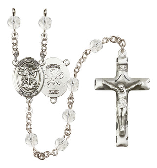 Silver Plated 6mm Fire Polished Saint Michael / Nat'l Guard Rosary in Crystal