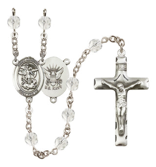 Silver Plated 6mm Fire Polished Saint Michael / Navy Rosary in Crystal