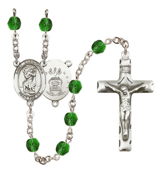 Silver Plated 6mm Fire Polished Saint Christopher / Air Force Rosary in Emerald