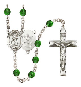Silver Plated 6mm Fire Polished Saint Christopher / Army Rosary in Emerald