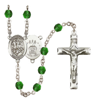 Silver Plated 6mm Fire Polished Saint George / Air Force Rosary in Emerald