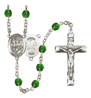 Silver Plated 6mm Fire Polished Saint George / Nat'l Guard Rosary in Emerald