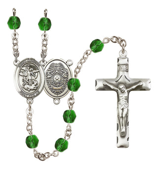 Silver Plated 6mm Fire Polished Saint Michael the Archangel/Policeman Rosary in Emerald