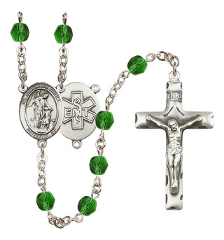 Silver Plated 6mm Fire Polished Guardian Angel / EMT Rosary in Emerald