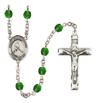 Silver Plated 6mm Fire Polished Saint Christopher/Ice Hockey Rosary in Emerald