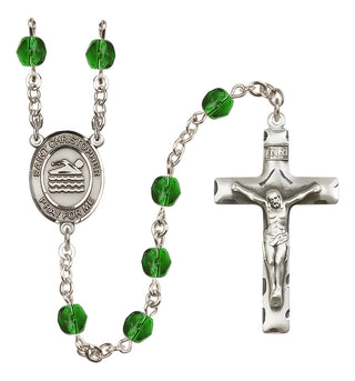 Silver Plated 6mm Fire Polished Saint Christopher/Swimming Rosary in Emerald
