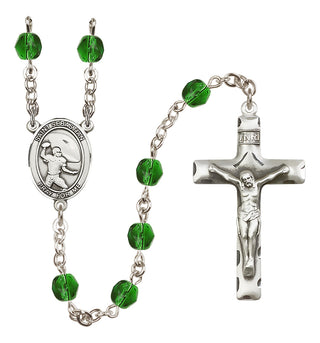 Silver Plated 6mm Fire Polished Saint Sebastian / Football Rosary in Emerald