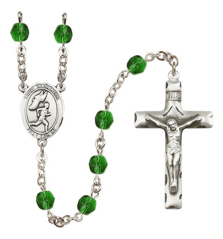 Silver Plated 6mm Fire Polished Saint Sebastian /Track&Field-Men Rosary in Emerald