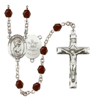 Silver Plated 6mm Fire Polished Saint Christopher / Army Rosary in Garnet