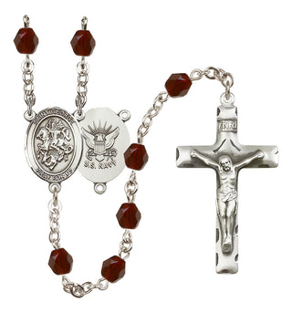Silver Plated 6mm Fire Polished Saint George / Navy Rosary in Garnet