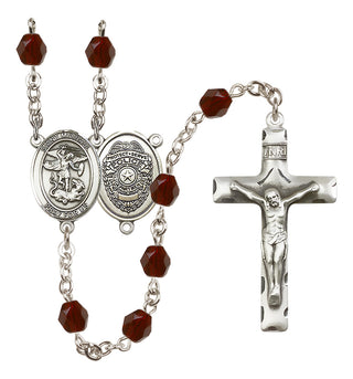 Silver Plated 6mm Fire Polished Saint Michael the Archangel/Policeman Rosary in Garnet