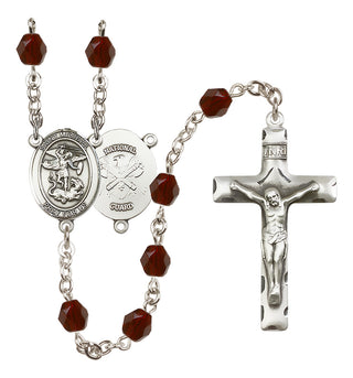 Silver Plated 6mm Fire Polished Saint Michael / Nat'l Guard Rosary in Garnet