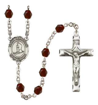 Silver Plated 6mm Fire Polished Saint Sebastian/Skiing Rosary in Garnet