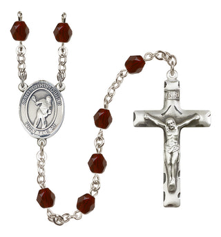 Silver Plated 6mm Fire Polished Saint Christopher/Lacrosse Rosary in Garnet
