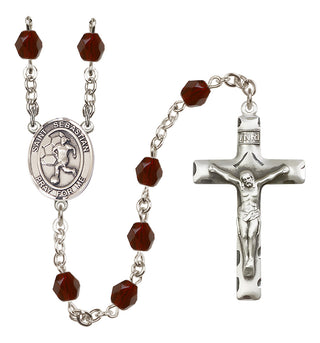 Silver Plated 6mm Fire Polished Saint Sebastian/Soccer-Women Rosary in Garnet