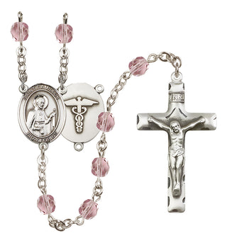 Silver Plated 6mm Fire Polished Saint Camillus of Lellis / Nurse Rosary in Light Amethyst